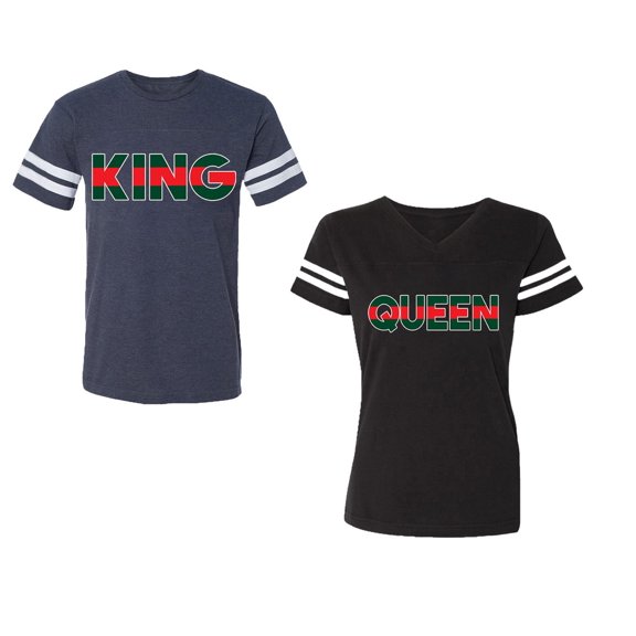 Red Green King Queen Unisex Couple Matching Cotton Jersey style T-Shirt Contrasting stripes on sleeves (Men Navy / Women Black) (Men S / Women S)