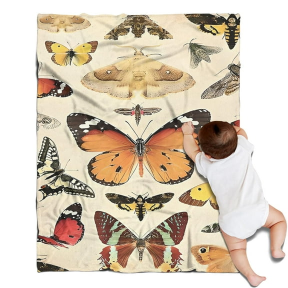 Beige Butterfly Moth Pattern Blanket,Comfortable Soft Flannel Throw Blanket,All Season,Warm Lightweight Blankets for Sofa Bed Couch Living Room Chair,30"x40"