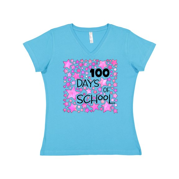 Inktastic 100 Days of School Stars in Pink Women's V-Neck T-Shirt