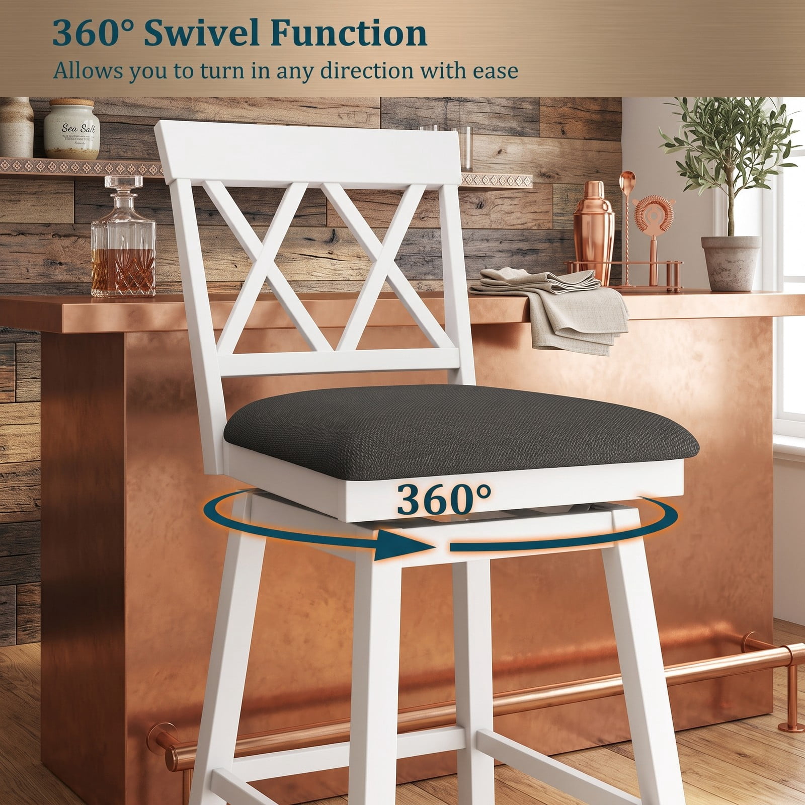 Furnibear Set of 2 Swivel Bar Stools 29 Inch Counter Height Barstools with Backrest Upholstered Linen Seat Cushion Rubber Wood Frame for Kitchen Island Pub, Oak White