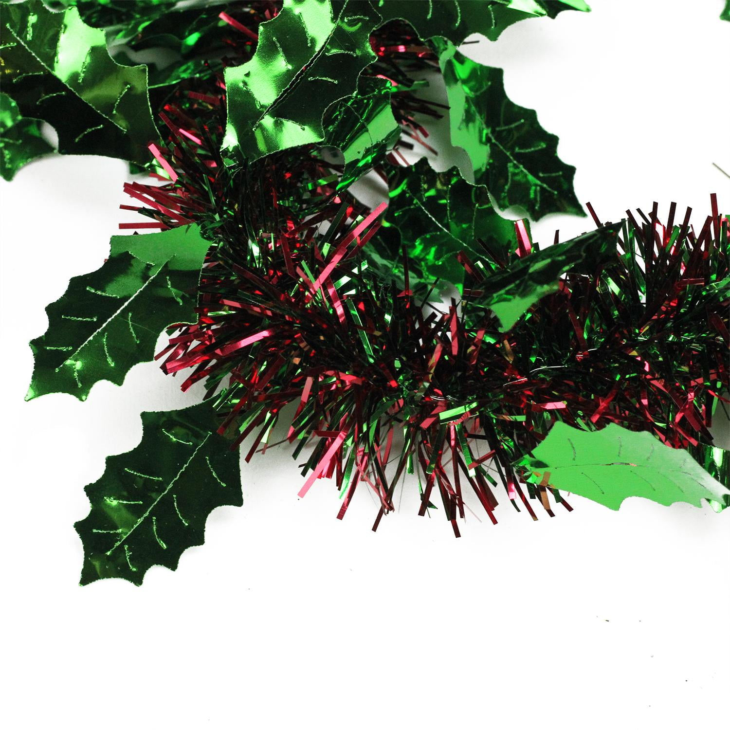 50' Shiny Red and Green Christmas Tinsel Garland with Green Holly