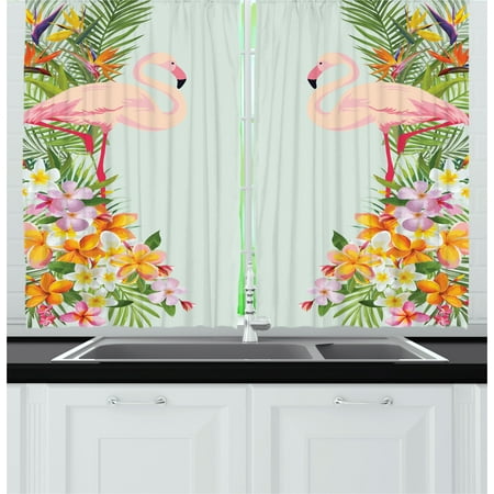 Hawaiian Living Room Floral Curtains 2 Panels Set, Flamingo Birds and Tropical Flowers Exotic Hawaiian Wildlife Animals Print, Window Drapes for Living Room Bedroom, 55W X 39L Inches, Baby Blue and Orange, by Ambesonne ()