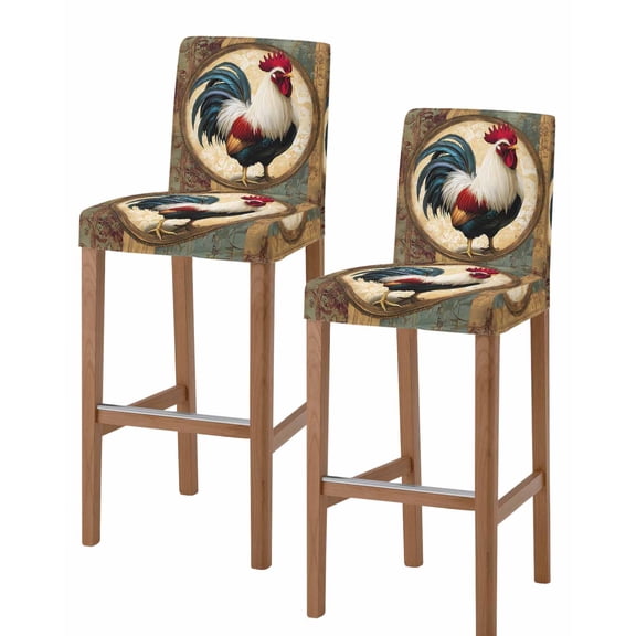 Rooster Bar Stool Covers Set of 2, Vintage Rustic Farmhouse Style Oil Painting Stretch Washable Bar Chair Covers with Backs, Removable Pub Counter Height Chair Cover for Kitchen Dining Room Cafe