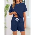 thumbnail image 4 of Women 2 Piece Outfits Sweatsuits Summer Short Sleeve Loungewear Tracksuit Round Neck Lounge Shorts Sets Navy Blue S, 4 of 10
