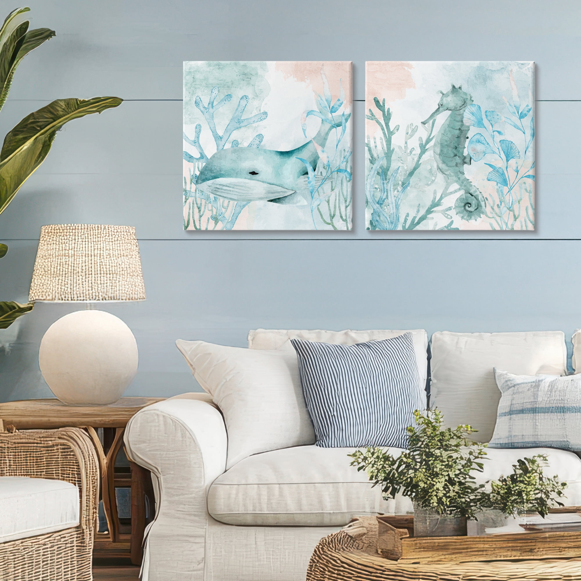 Stupell Industries Whale & Seahorse Sea Swim 2 Piece Canvas Wall Art Set, design by Kim Allen