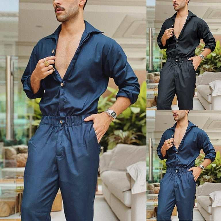 Mens 1 Piece Jumpsuit Pants Long Sleeve Button Down Rompers Workwear Overalls Walmart