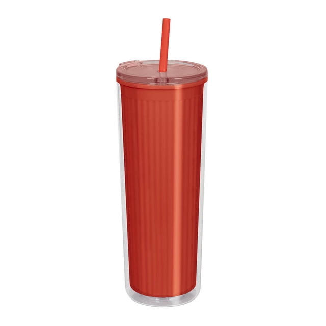 Vaso de plástico doble pared con popote y tapa push-neli naranja 8.6 x 22.7