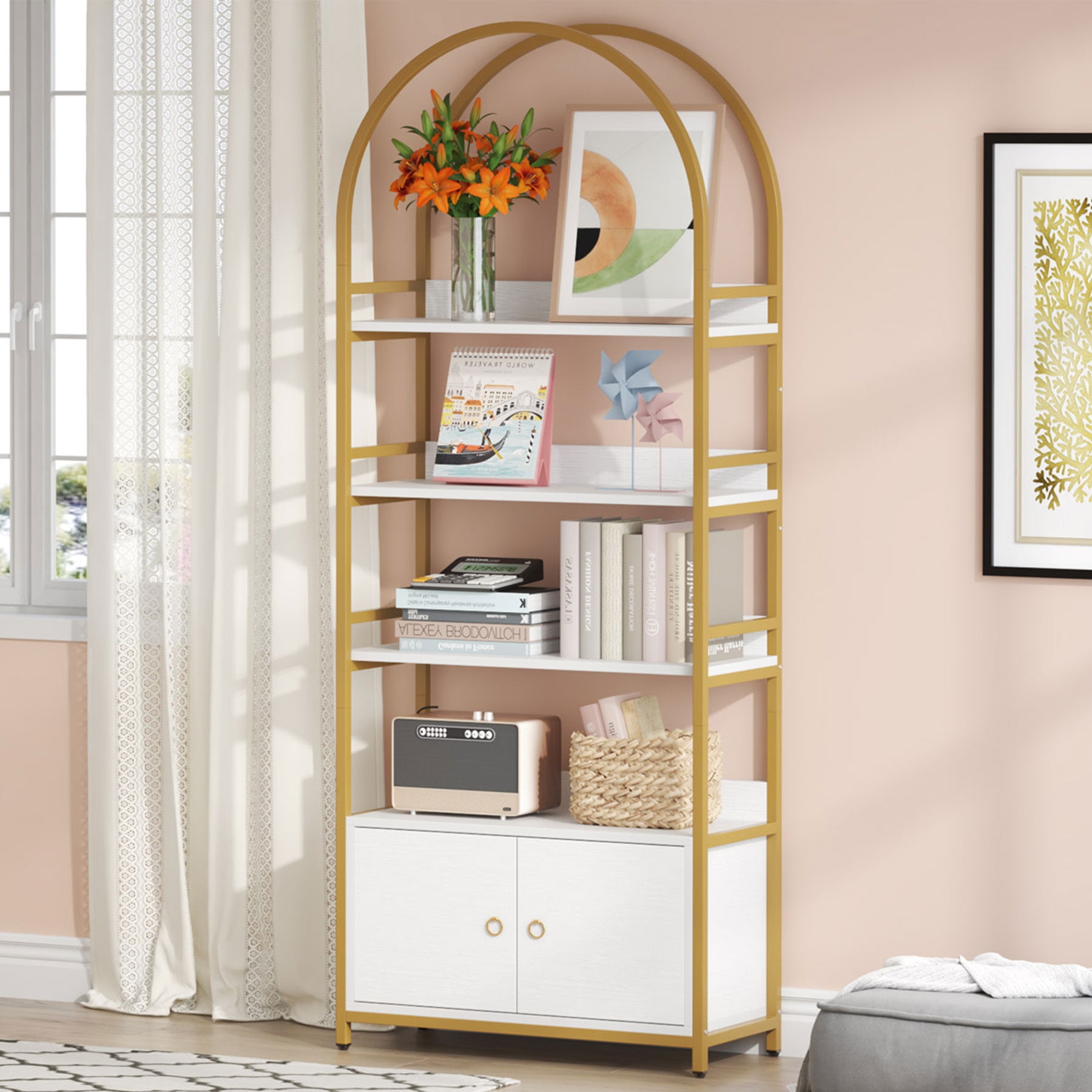 Modern Tall Etagere Bookcase with Cabinet for Living Room - Walmart.com