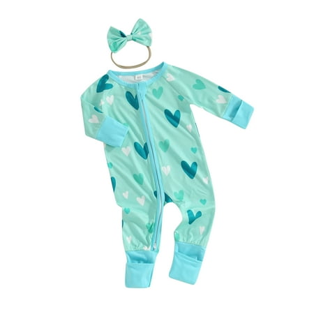 

Infant Baby Girls Valentine’s Day Outfits Long Sleeve Heart Print Jumpsuit with Bowknot Headband Baby Fall Clothes