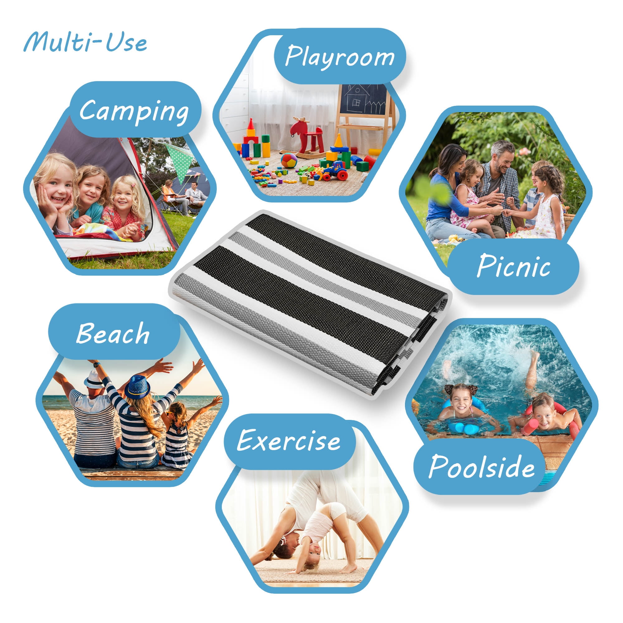 Luna Contemporary Stripe Black and Gray Polypropylene Reversible Plastic Straw Outdoor Area Rug, 8'11'' x 11'10'' Rectangle