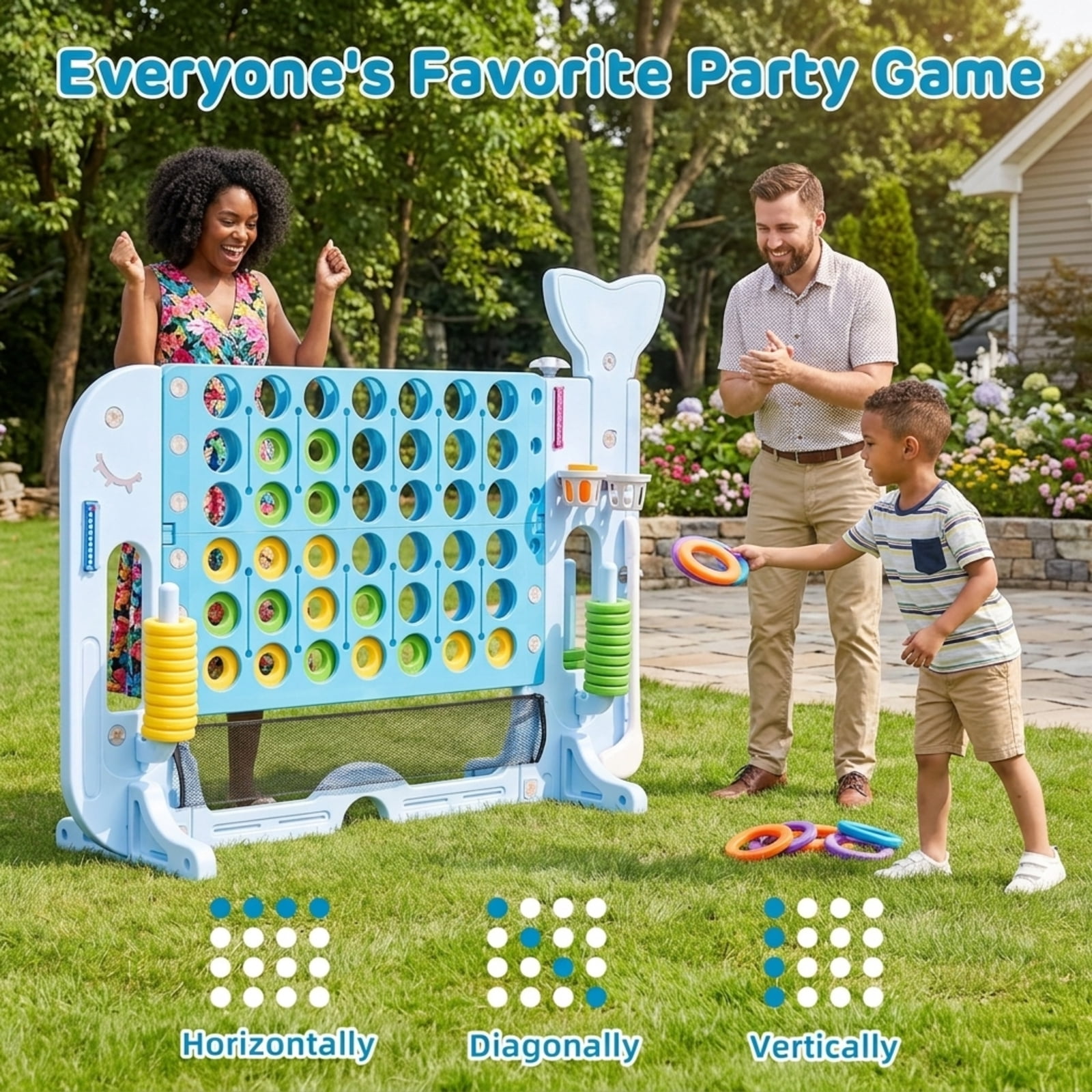 Fenbeli Whale-Shaped Giant 4-in-a-Row Game Set, 4-in-1 Outdoor Yard Game with Ring Toss, Basketball and Golf, 3-Level Adjustable Height