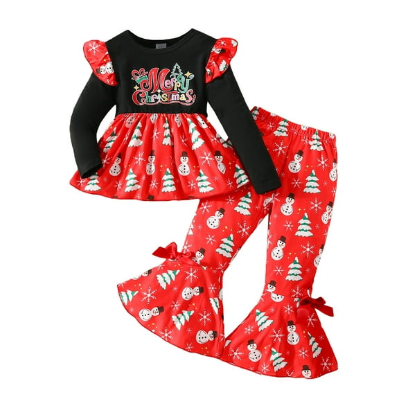 Suealasg Kids Girls Christmas Outfits 3T 4T 5T 6T 7T Child Girls Crew Neck Long Sleeve Snowman Christmas Tree Print Dress Tops Flare Pants 2Pcs Little Girls Fall Clothes Set
