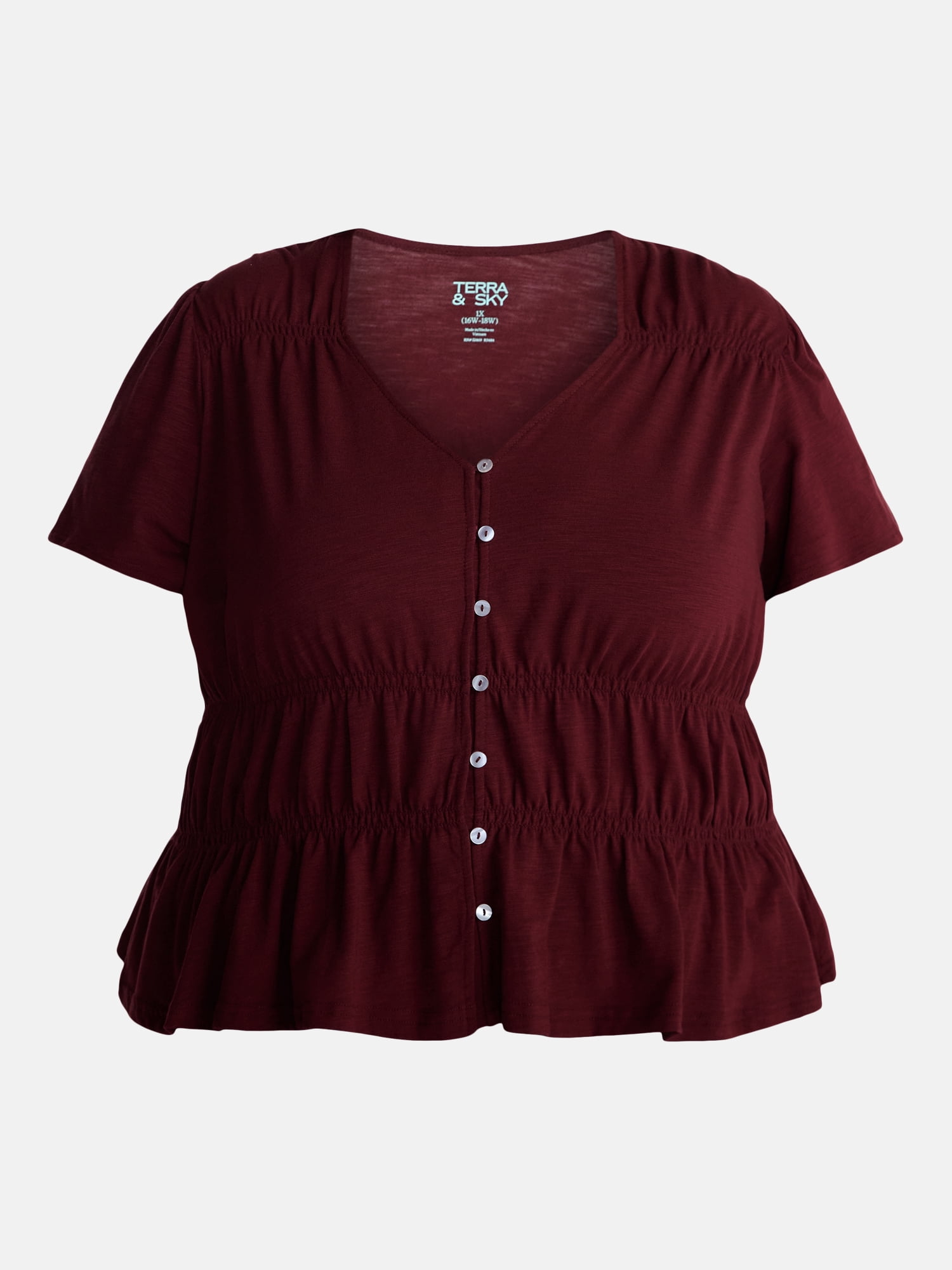 Terra & Sky Women’s Plus Femme V Neck Smocked Top with Short Flutter Sleeves, Sizes 0X-5X