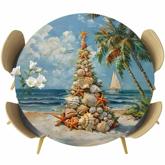 Coastal Christmas Tree Fitted Tablecloth with Elastic Edged, Round Table Cloth for Dining Table, Nautical Beach Seaside Xmas Waterproof Oil Proof Table Cover for Indoor Outdoor 55"-60"