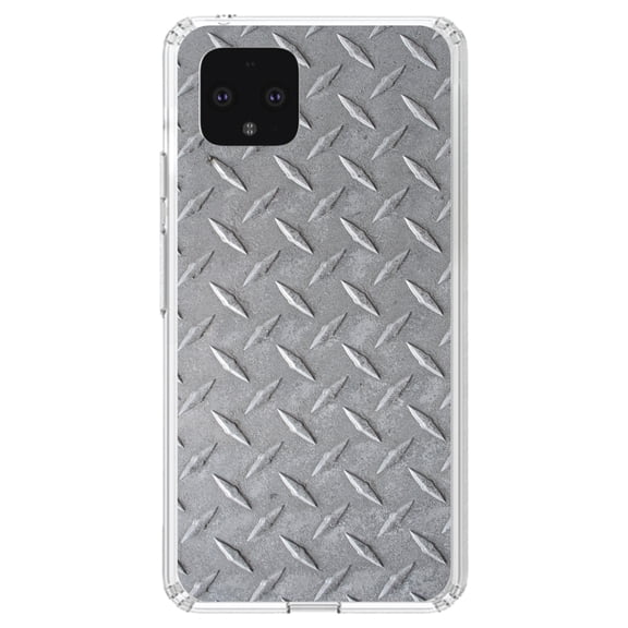DistinctInk Clear Shockproof Hybrid Case for Google Pixel 4 (5.7" Screen) - TPU Bumper, Acrylic Back, Tempered Glass Screen Protector - Grey Diamond Plate Steel Image Print - Printed Diamond Plate