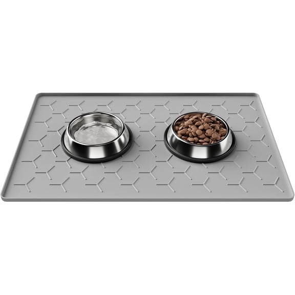 28'' x 22'' Dog Bowl Mat , Silicone Waterproof Light Gray Pet Food Mat, High Raised Edge Non-Slip Easy Clean for Dog and Cat Bowls