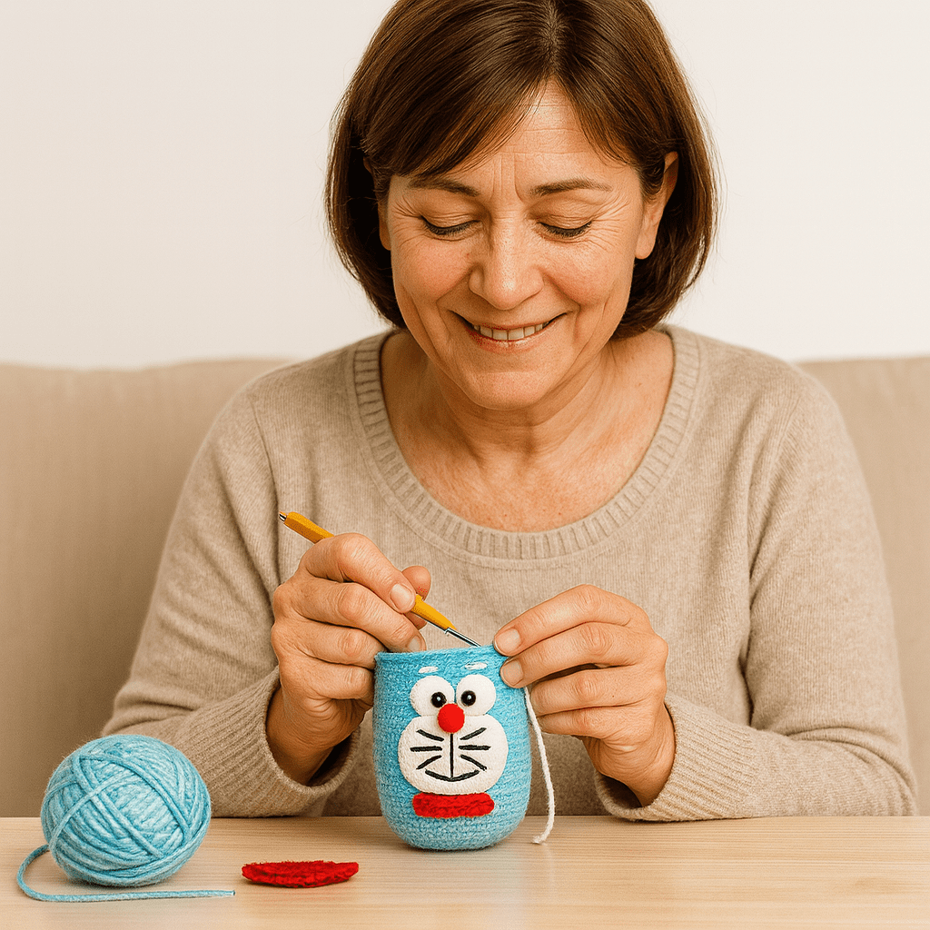 Handmade Crochet Coin Pouch – Blue Cartoon Face Woolen Bag with Drawstring | Cute Organizer for Kids, Girls & Gifting
