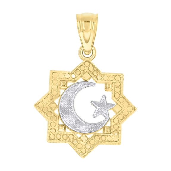 10kt Real Gold Two-Tone Textured Womens Crescent Moon Star Religious Charm Pendant