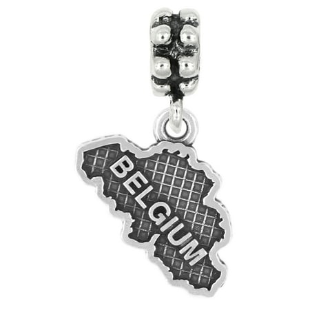 Coral Sterling Silver Dangle Bead - Sterling Silver Travel Country Map of Belgium Dangle Bead