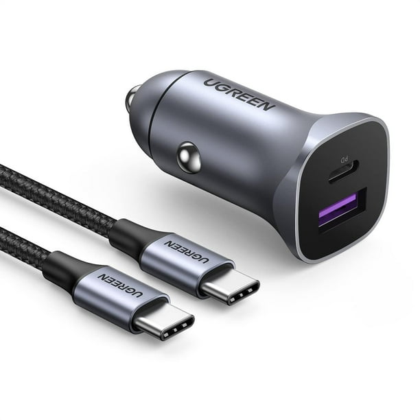 Cargador de Coche UGREEN Negro con Cable USB C a C de 1M Compatible con iPhone y Galaxy