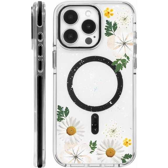 for iPhone 14 Pro Max Case, White Pressed Flower Compatible with MagSafe & Magnetic Wireless Charging, Shockproof Protective Phone Case Cover for iPhone 14 Pro Max, Clear Black