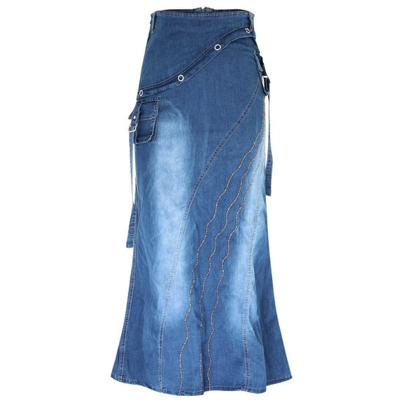 Baberdicy Denim Skirt Women's Long Denim Skirt Zipper Dress with Pockets Women's Casual Dresses Blue, Size:S-3Xl