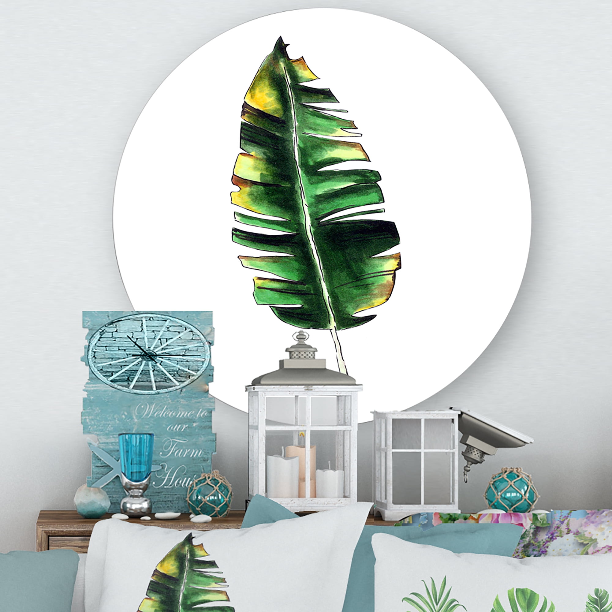 Designart 'Single Banana Leaf On White' Bohemian & Eclectic Circle Metal Wall Art 11x11 - Disc of 11