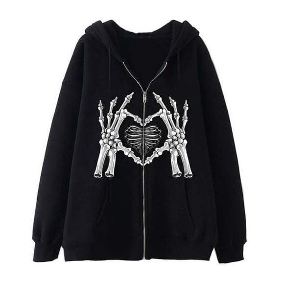 XIAOCHA Women's Skeleton Hand Heart Print Full Zip Hoodie Long Sleeve Hooded Zip Up Jacket Soft Edgy Casual Hoodies