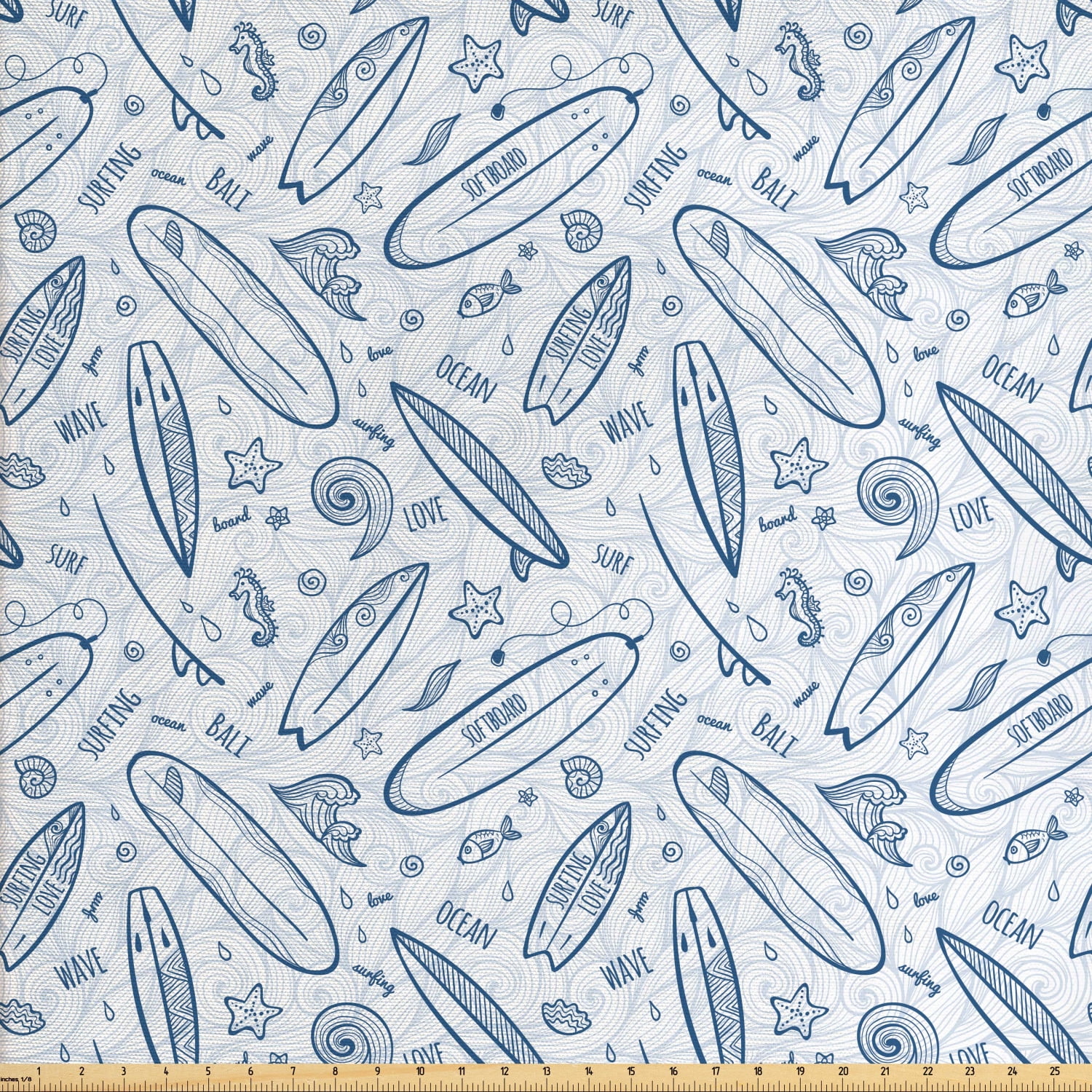 Surfboard Fabric by The Yard, Doodle Surfing Boards Waves and