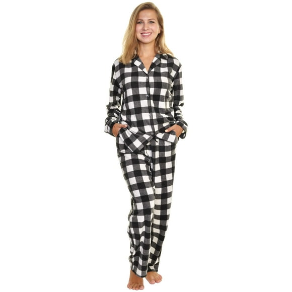 Angelina Women's Pajama Set Cozy Fleece with Notch Collar and Pockets | PJ56_L | Black & White Plaid