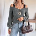 thumbnail image 4 of Women Off Shoulder V Neck Puff Long Sleeve Slim Fit Knit Sweater Top Dark Gray S, 4 of 9