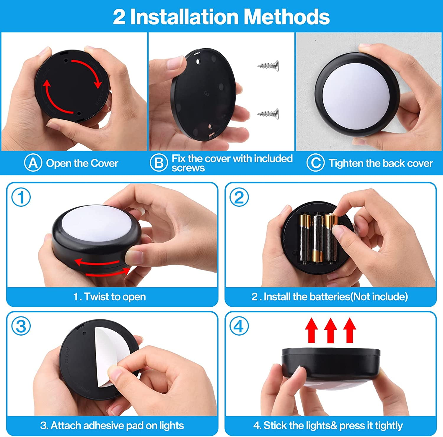 JJEAN-Puck Lights, 4 Pack 13 Colors Changeable LED Puck lightings Battery Powered Dimmable Under Cabinet Lights, Battery Powered Under Counter Lights with 1 Wireless Remote Controls, Black