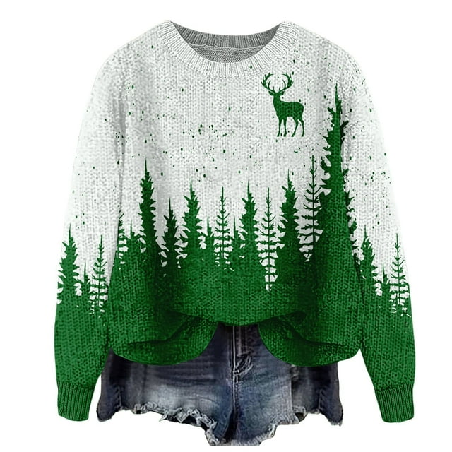 HOWPAY Chandails de Noël pour Femmes Style Noël Imprimé Blouse Décontractée Manches Longues Col Rond Chandail de Vacances Coupe Ample Léger Confortable Vêtements Y2K Vert P
