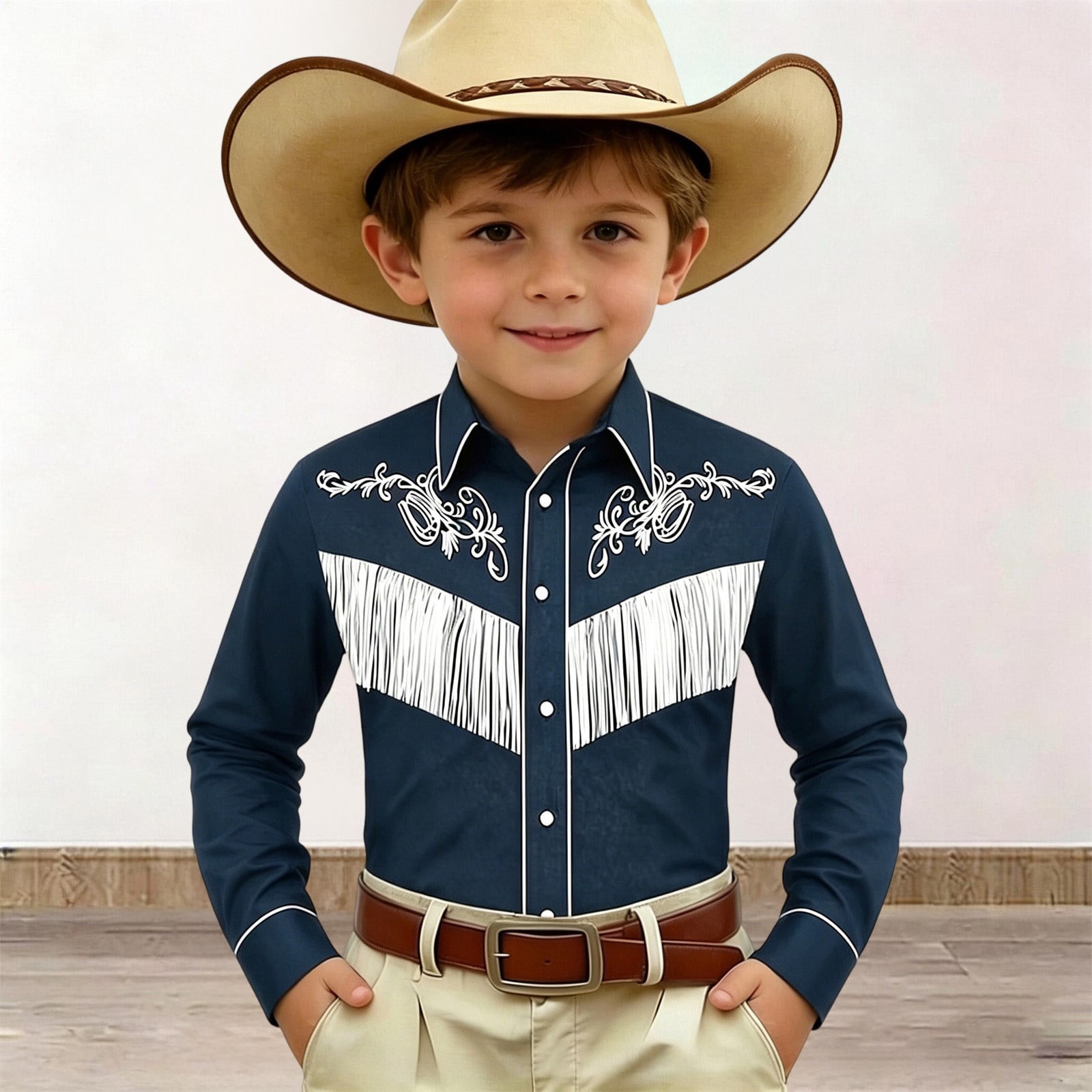 OOOUM Classic Cowboy Style Shirt For Boys Western Print Long Sleeve Button Down Top Soft Lightweight Shirts Blue 12-13 Years