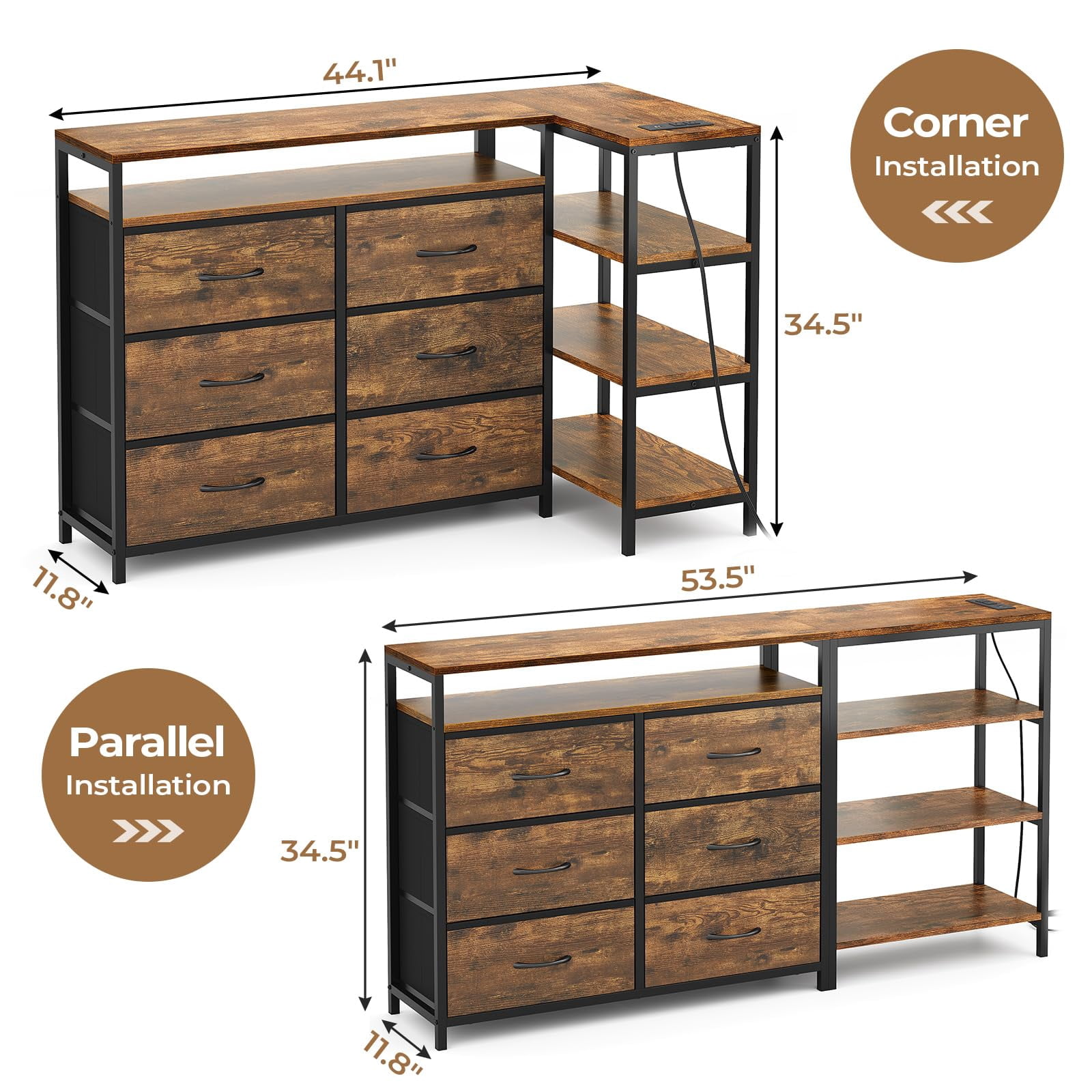 Afuhokles 6 Drawer Dressers for Bedroom with Charging Station and LED Light, 6 PU Drawers, 3 Open Shelves, Rustic Brown