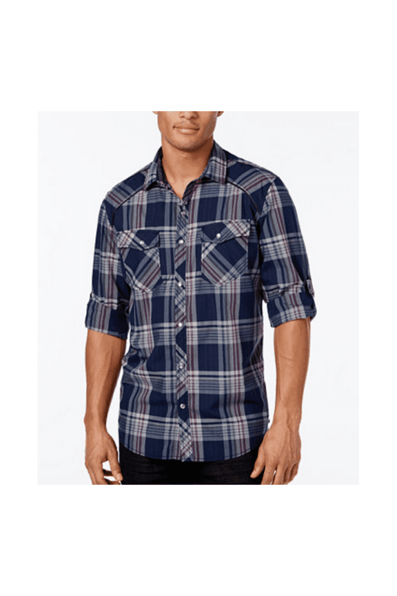 $50 INC International Concepts Men's Dual-Pocket Plaid Shirt, Basic Navy, Size S