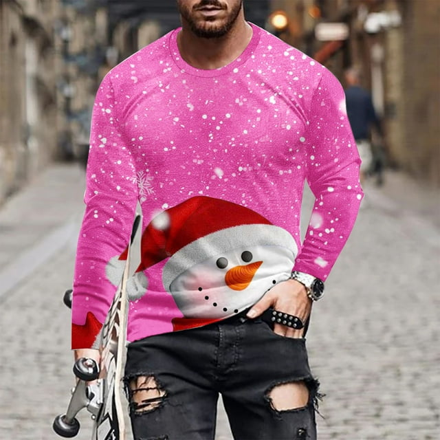 Blusas y camisas de manga larga y cuello redondo para hombre, informales, a la moda, con estampado navideño, cuello redondo, blusas de licra de manga larga para hombre.