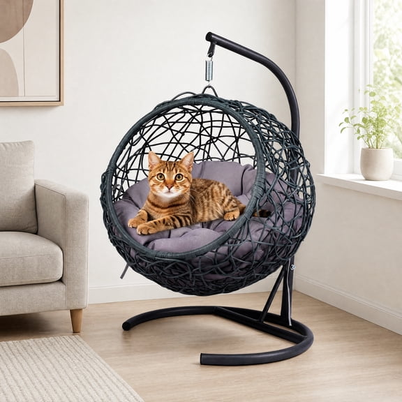 Cat Swing Bed with Stand & Cushion 15.60"x19.30"x17.70" Rattan‑Style HDPE Wicker Egg‑Shaped Hanging Cat Hammock Sturdy Metal Frame Indoor Outdoor Cat Bed for Cats Small Dogs Small Animals Gray
