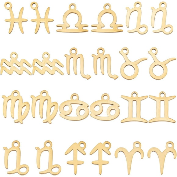 1 Box 24Pcs Zodiac Constellation Charms Horoscope Charms Stainless Steel Charm Astrology 12 Constellations Twelves Signs Double Sided Charms for Jewelry Making Charm Adult DIY Craft Golden