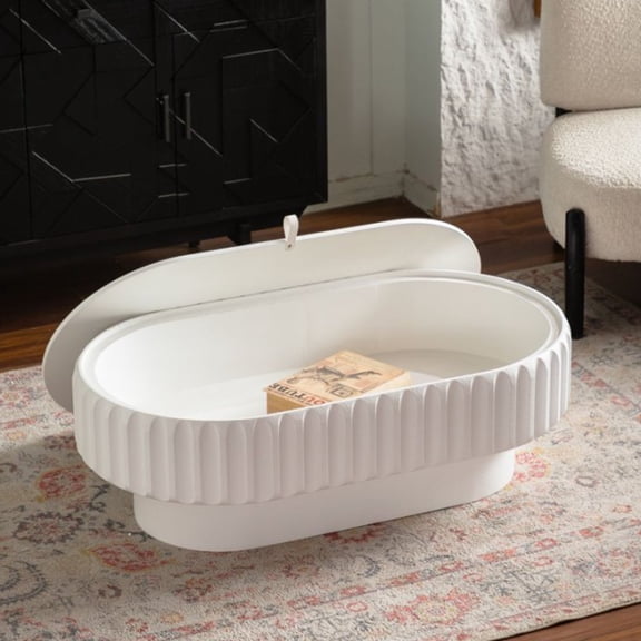 LifeSky Fluted Coffee Table with Hidden Storage for Living Room: Lift Lid Clear Clutter in 3 Seconds - 43.3 inch Oval White Table for Small Spaces - Modern End Table for Quick Guest Cleanup