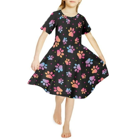 

NETILGEN Colorful Cat Paw Print A Line Swing Twirl Dress Sweet Princess Style Girls Party Dress Size 3-4 Years Old