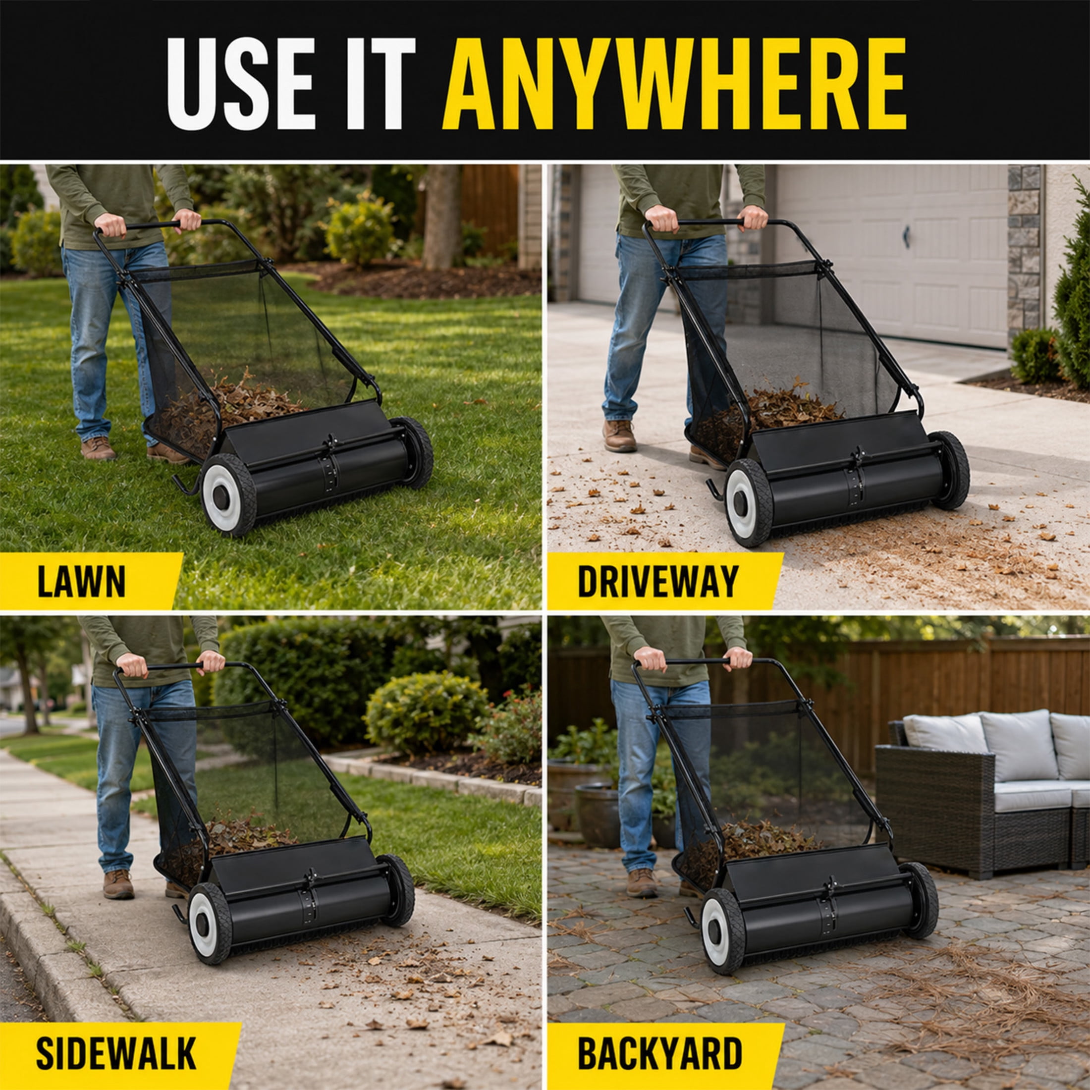 GDF Studio 26" Push Lawn Sweeper with 7 Cu. Ft. Large Hopper & 4 Rotating Brushes, Heavy-Duty Steel Frame, Black