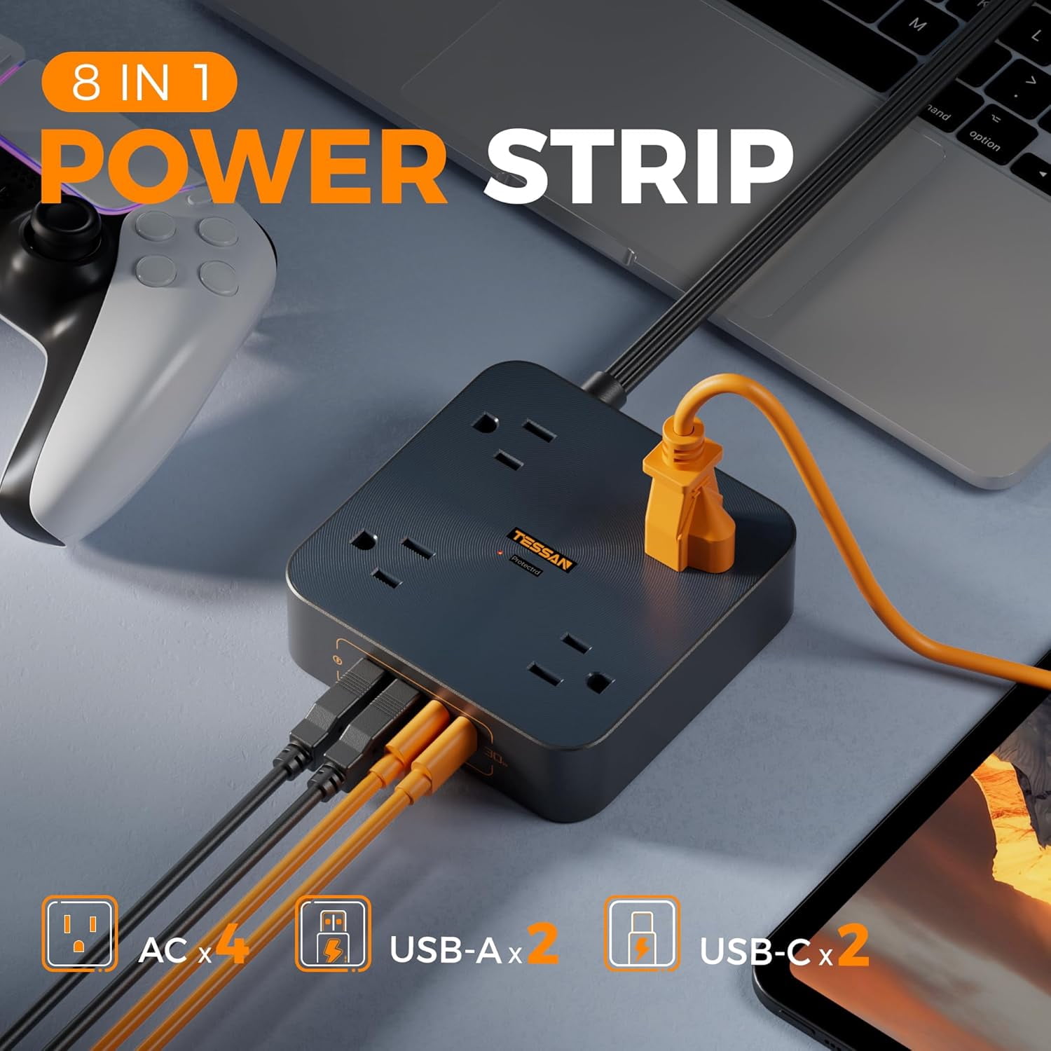 YUNZII 30W USB C Fast Charger Power Strip, 4 Outlets 4 USB Ports (2 USB C), 6FT Flat Plug, Surge Protector, Black