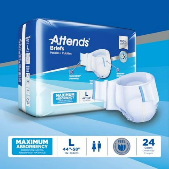 Attends Adult Incontinence Disposable Briefs, Large, 44"-58" Waist with Tab Closures, Maximum Absorbency Core and Breathable Materials, 72ct Case
