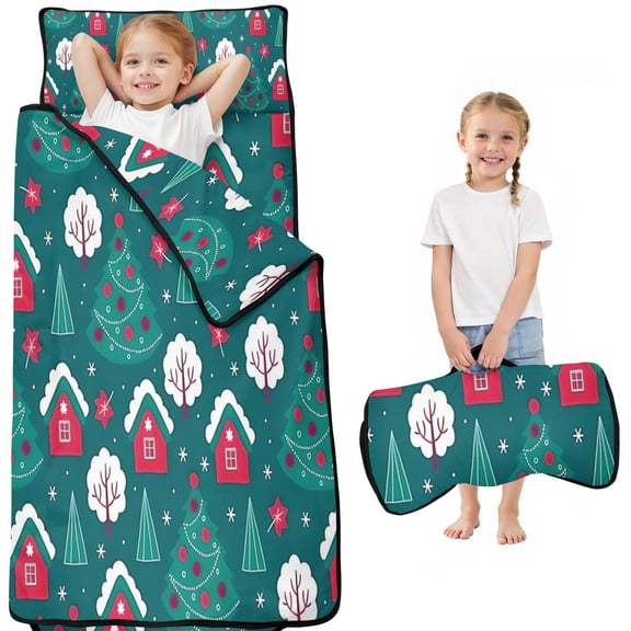 Dark Teal Christmas Village Pattern Toddler Nap Mats for Kids Preschool,50"x20" Sleeping Mat Bag or Kids,Toddler Sleeping Bag,Toddler Nap Mat or Daycare