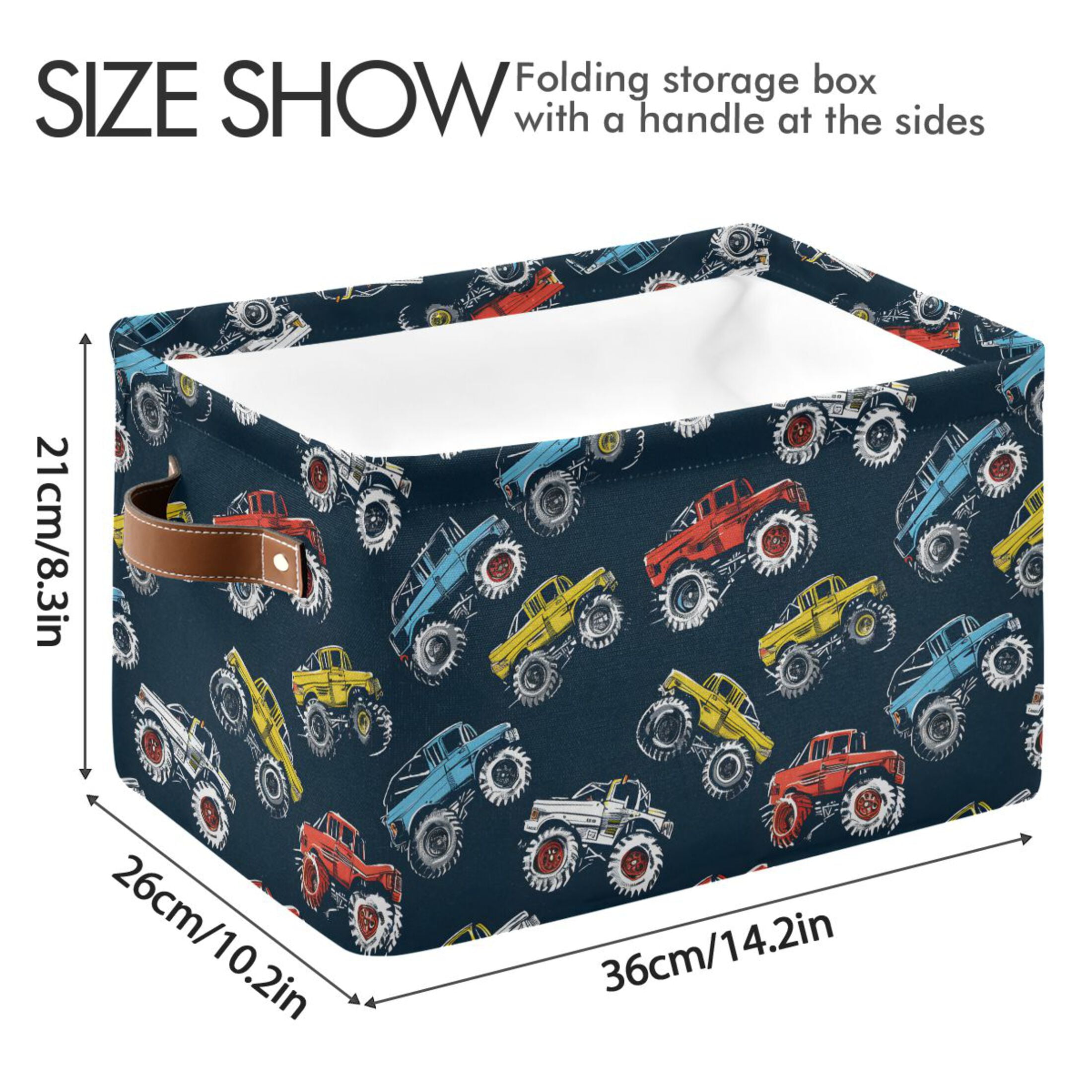 Colorful Monster Trucks Storage Bins with Handle Fabric Organizer Basket Foldable Box 2 Pack 14.2x10.2x8.3
