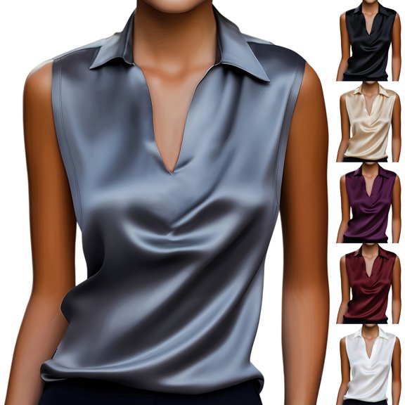 VJGBEGW Women Sleeveless Collared Satin Blouse Draped Cowl V Neck Silky Glossy Tank Tops Elegant Satin Vest Shirt For Summer Black L