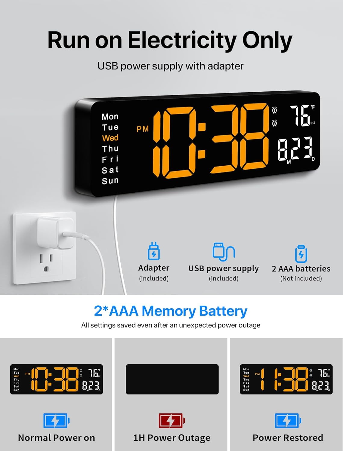 Large Digital Wall Clock with Remote Control, RGB Atmosphere Lights with 11 Scenes Mode, Dual Alarms with Big LED Display, Auto DST, Temperature for Classroom Gaming