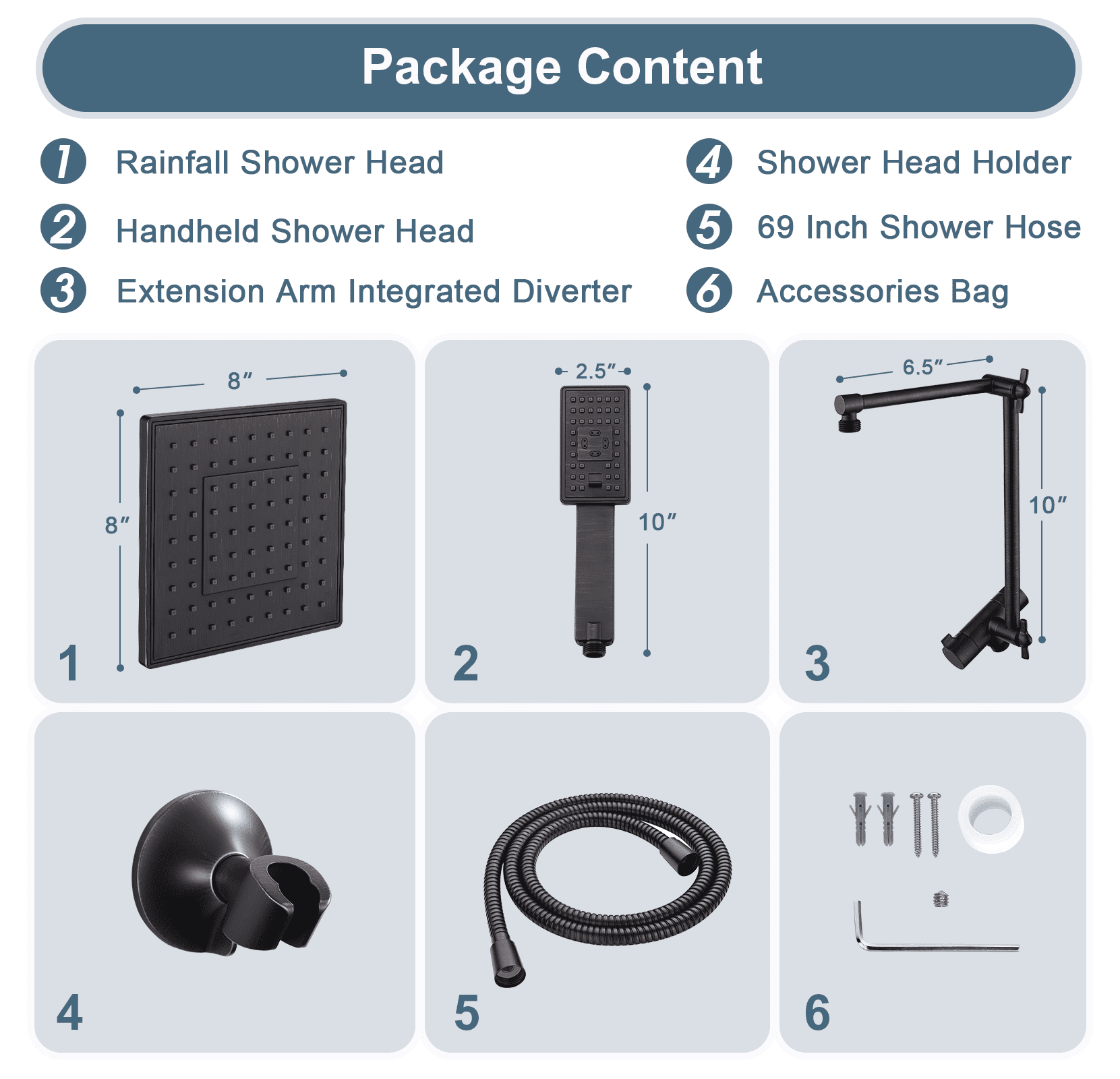 BRIGHT SHOWERS High Pressure Rain Shower Head Combo with Double Extension Arm, 8 Inch Rainfall Shower Head with Handheld Spray, Height Adjustable Dual Square Showerhead Set, Oil-Rubbed Bronze