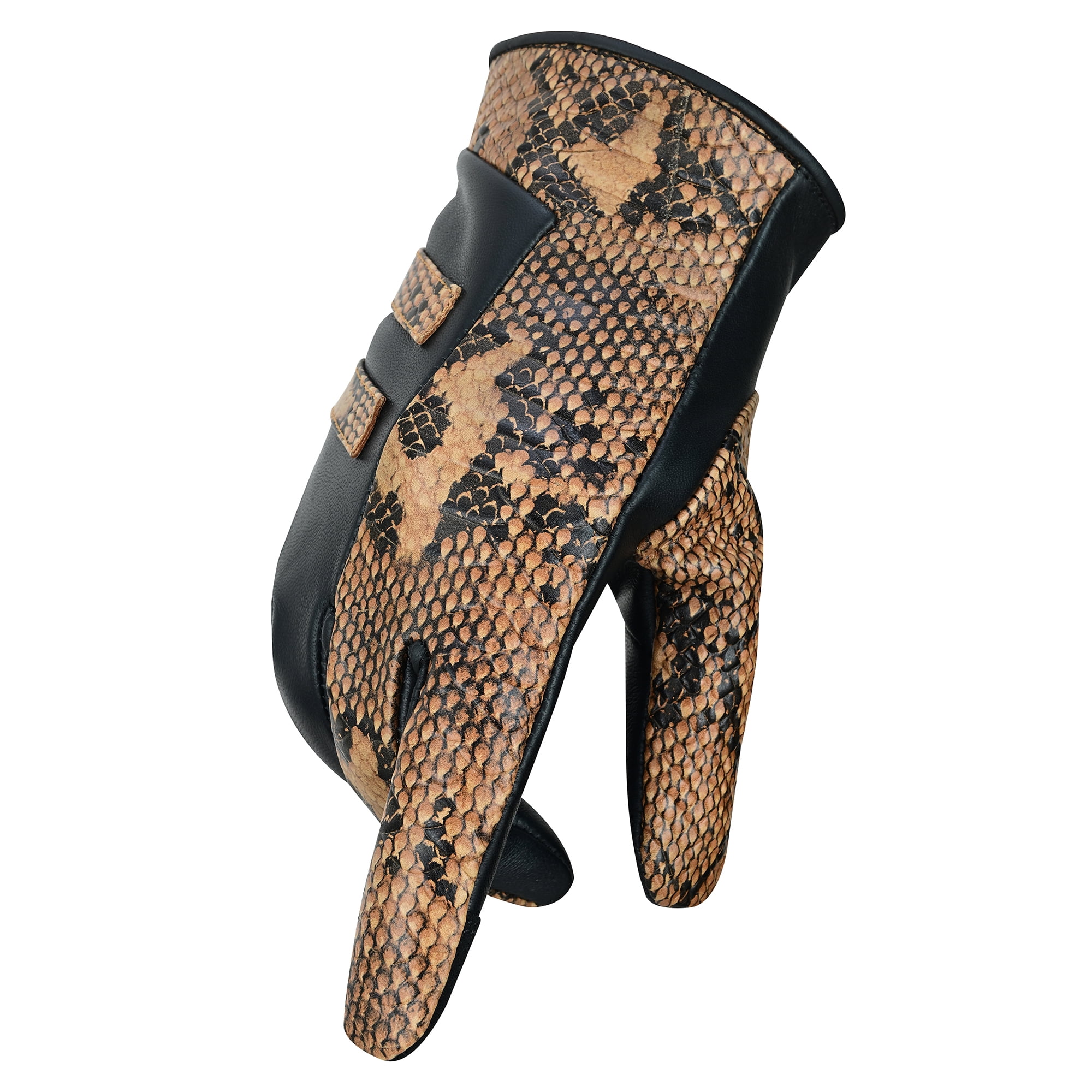 Women Ladies Python Snake Embossed Leather Dress Gloves Full Finger Motorcycle Biker Riding Gloves Brown-XS